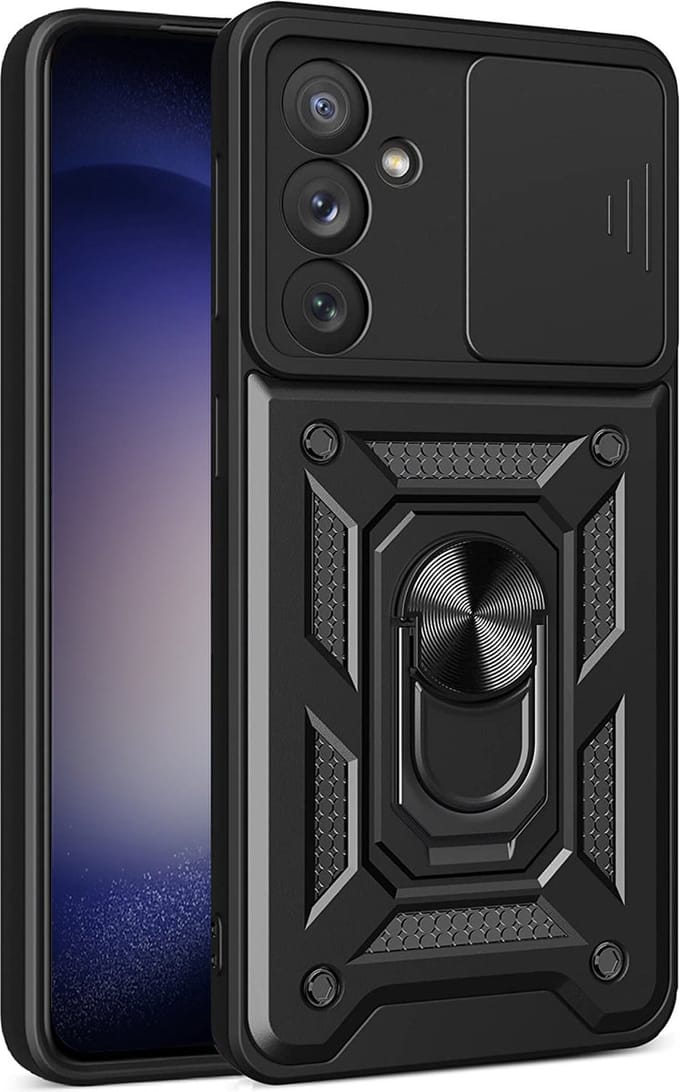 Samsung Galaxy S23 Plus hoesje met Ringhouder en Camera schuifje - shockproof case - Zwart