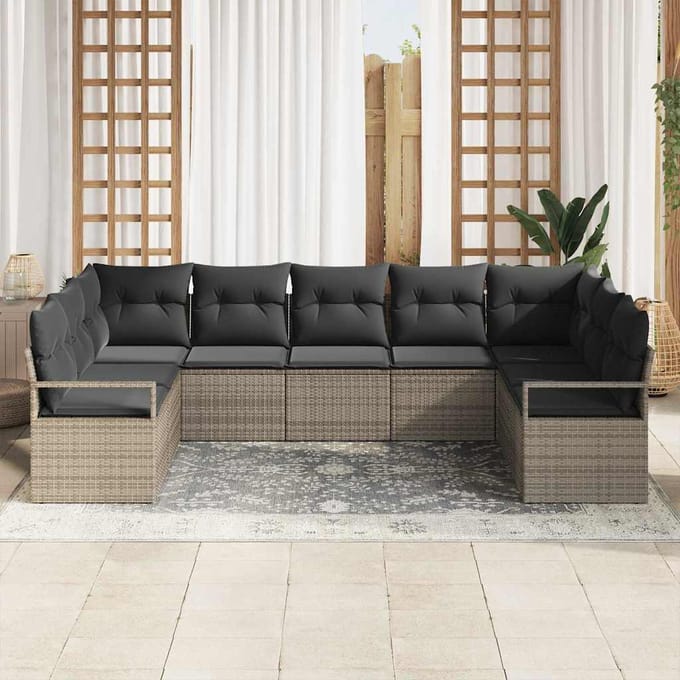vidaXL Tuinbank Set met kussen met opslag 9 pcs Grijs poly rattan