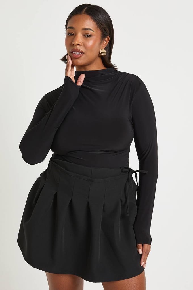 boohoo Dames Plus geweven geplooide wikkel skort | Black | Maat: 20