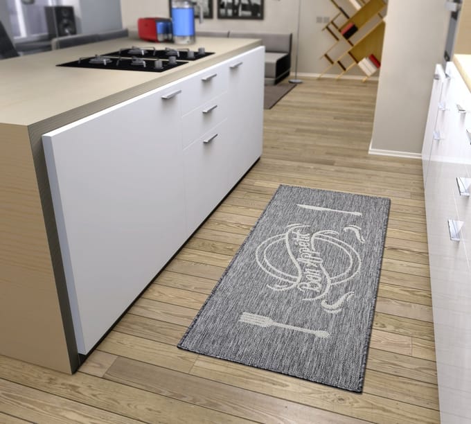 Flycarpets Loper Keuken - Bon Appetit - Grijs / Creme 92x150 cm