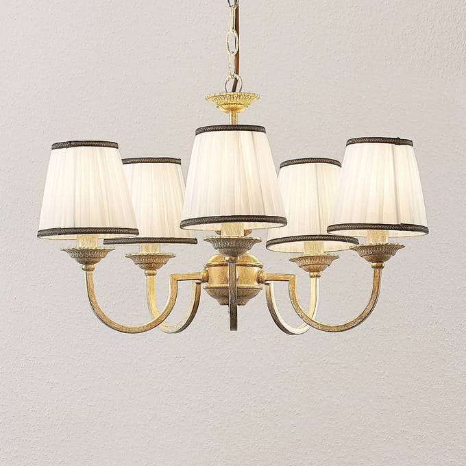Lindby - kroonluchter - 5lichts - Textiel, metaal - H: 36 cm - E14 - crème, antiek messing