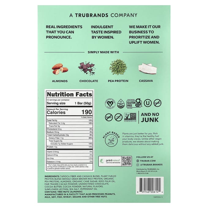 Trubar, Plantaardige Eiwitreep, It's Mint to Be Chips, 12 Repen, 50g (1,76 oz) Elk