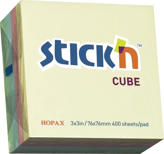 Stick'n sticky Notes Kubus - 76x76mm - 4 kleuren - Pastel - 400 Memoblaadjes