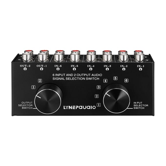6-in-2-uit audioschakelaar Tweeweg audiosignaalselectiebox splitterdistributeur met RCA-ingangen en