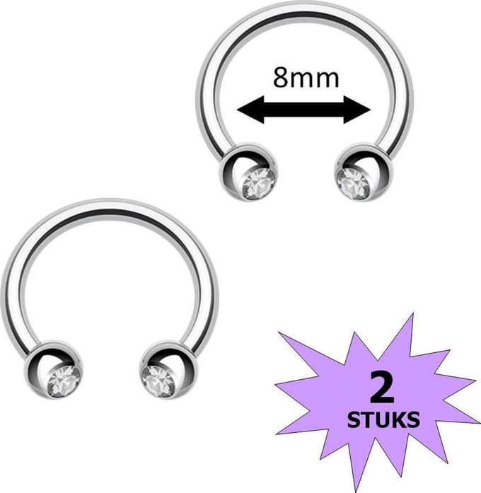 Fako Bijoux® - Circular Barbell Piercing - Hoefijzer Kristal Duo - 8mm - Wit - 2 Stuks