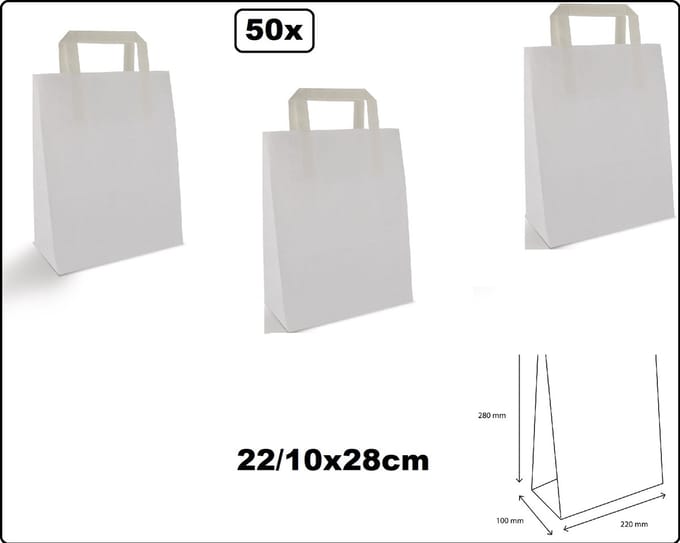 50x Papieren tas wit platte handgreep 22x10x28cm