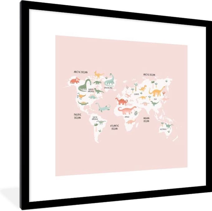 Wereldkaart - Kinderen - Dinosaurussen - Schoolplaat - Kinderkamer - 40x40 cm