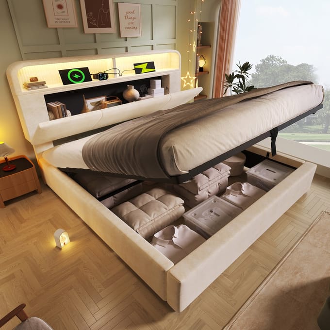 MODFU Bedframe 140x200 cm – Verstelbaar hoofdbord met opbergvak & LED – Hydraulisch – Beige fluweel