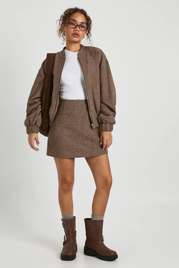 boohoo Dames Wool Look Check Mini Rok | Brown | Maat: 10