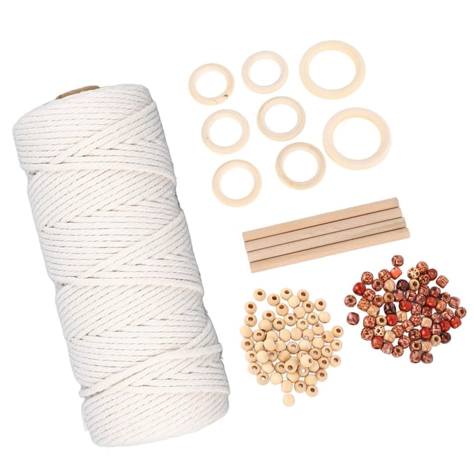 Macramé Kits voor Beginners Katoenen Macramé Koord met Houten Kralen Houten Ringen Macramé Plantenhanger white