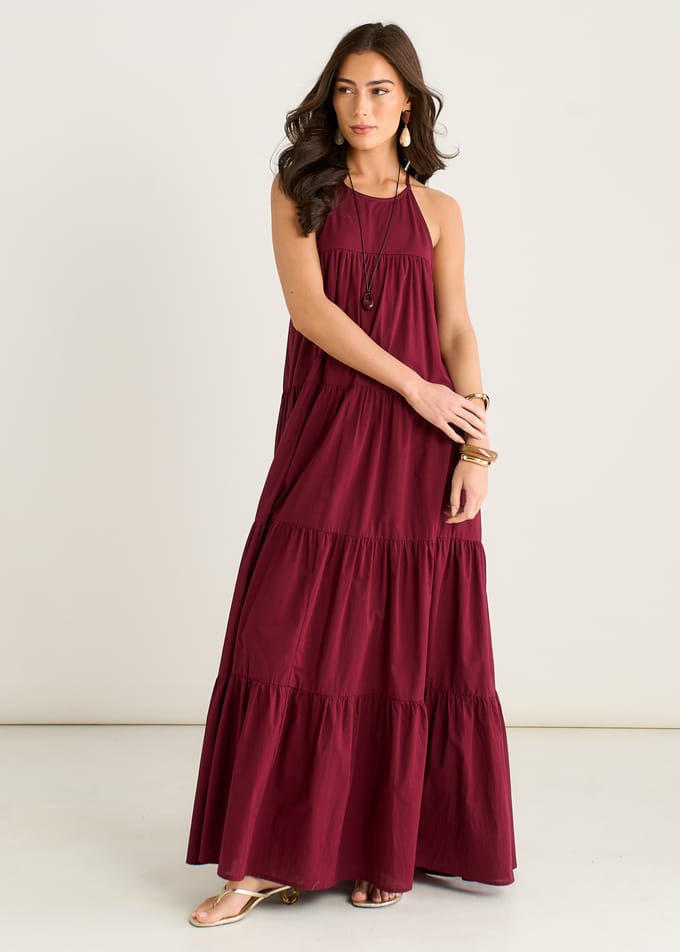 Mulberry gelaagde halter-maxi-trapezejurk