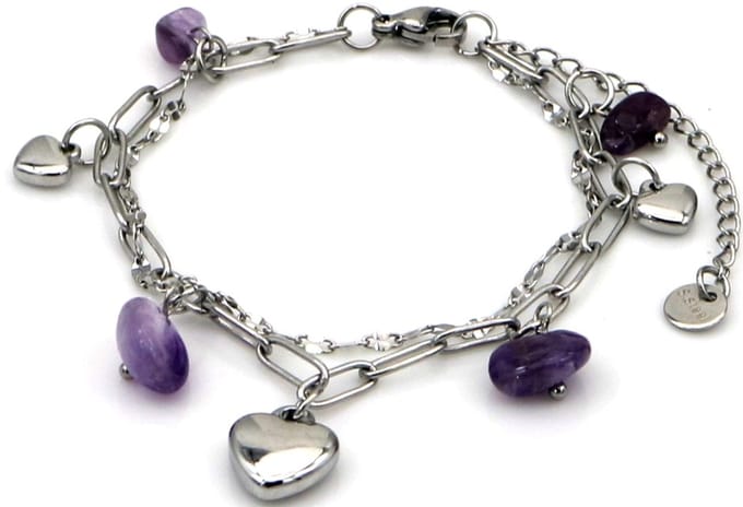 Armband - hartjes met stenen - RVS - 16-21 cm - paars – valentijn – cadeau