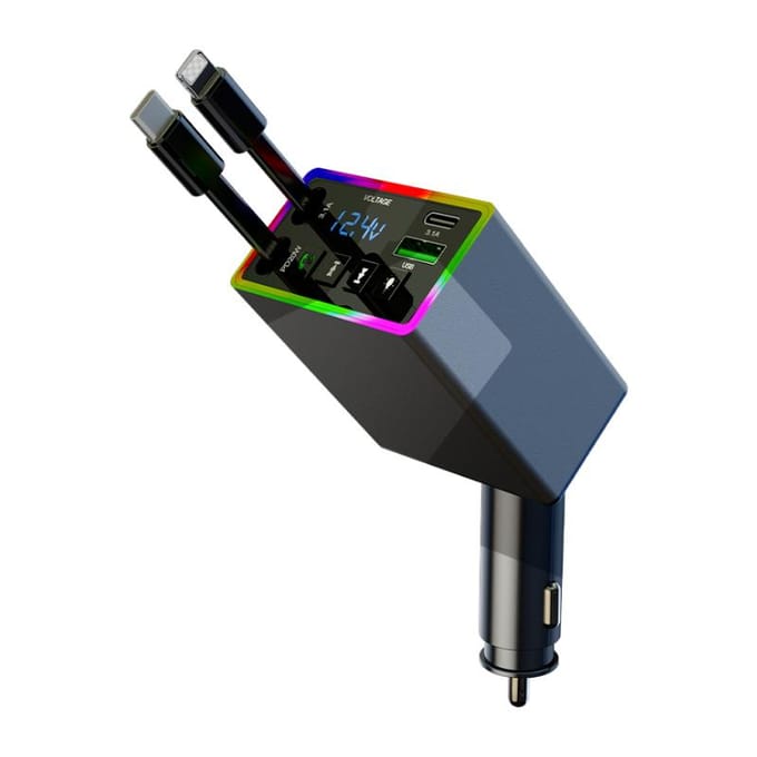 Auto Bluetooth MP3-zender - 4-in-1 Snel Opladen Intrekbare Kabel Autolader met Ingebouwde Mediaspeler Voor iPhone & Android Telefoons