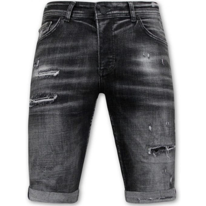 Stonewashed Ripped Mannen Short - Slim Fit -1085- Zwart