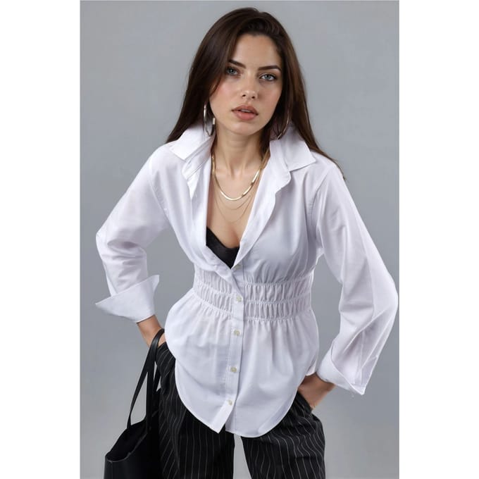 Langarm Button-Up Poplin Shirt met Gatherings Details
