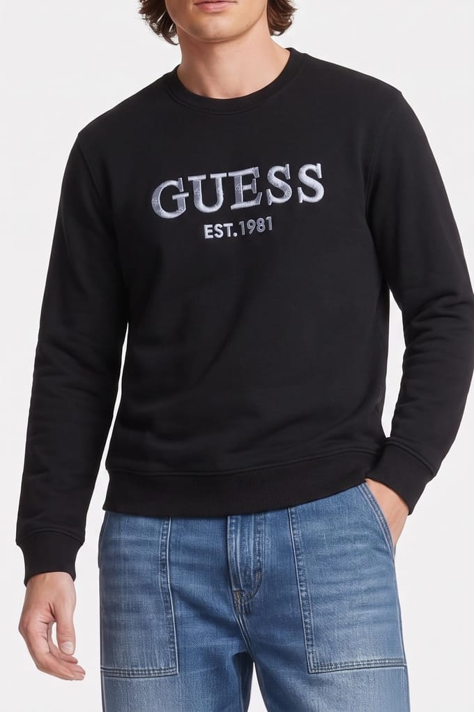 GUESS  Eco Beau Cn Sweatshirt Jet Black A996 Maat: L | Sweaters Outlet | Heren | Zwart