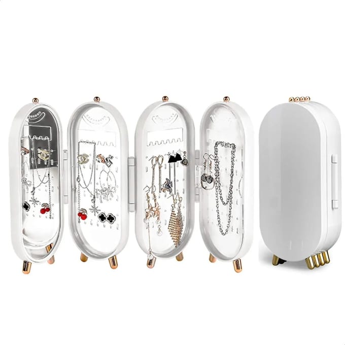 WiseGoods Premium Sieraden Organizer Met Spiegel - Oorbellen - Ketting Houder - Compact Sieradendoos - Sieradenhouder - Wit & Goud