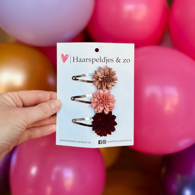 Haarspeldje Leather flower - leren bloemetjes - 5 cm speldjes - bruin/roze/rood