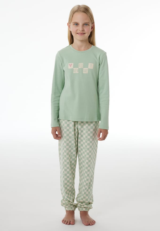 Lange pyjama van interlock met manchetten, pastelgroen - Nightwear 152