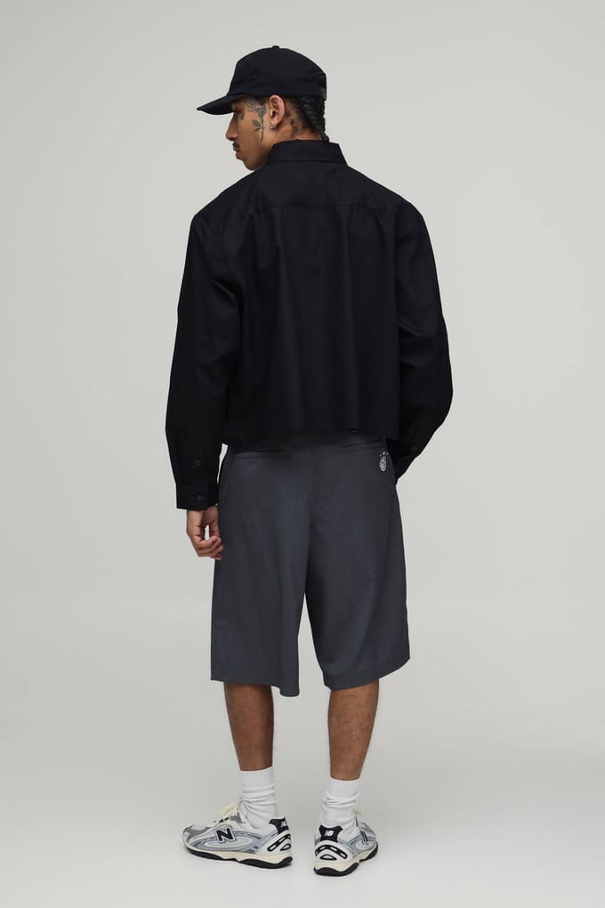 Boxy Fit Cropped Lange Mouw Oxford Shirt | Black | Size Medium