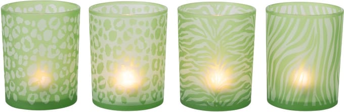 J-Line theelichthouder Dierenprint - glas - groen - large - set van 4