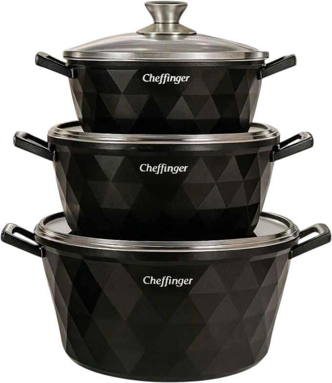 Cheffinger Pannenset - Diamond Line - 6-delig - 20, 24 & 28 cm - Zwart