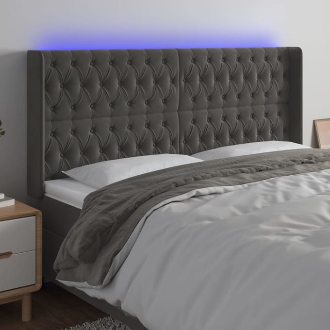 vidaXL - Hoofdbord - LED - 203x16x118/128 - cm - fluweel - donkergrijs