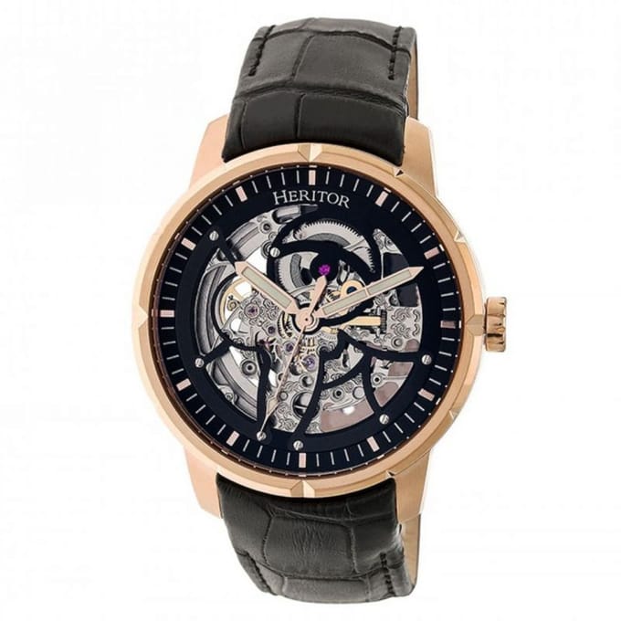 Heritor Automatic Ryder Skeleton leren band horloge - Zwart/Roségoud