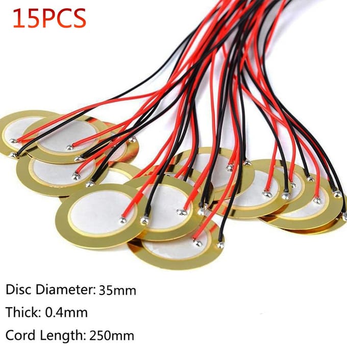 15 stks Piezo Pickup 35mm Piezo Versterkers Schijven Piezo Disc Transducer Contact Microfoon Trigger 20mm diameter & 250mm cord length beige