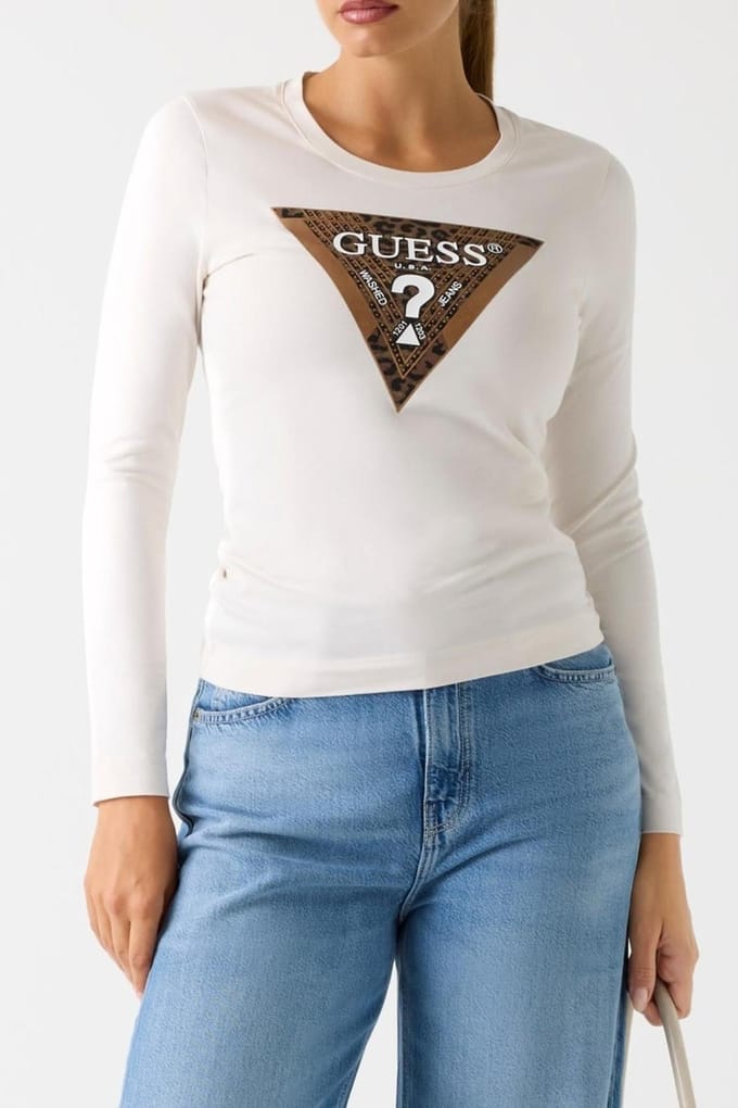 GUESS Ls Cn Leo Triangle T Cream White Taglia: M | Maglie Sportivi Outlet | Donna | Bianco