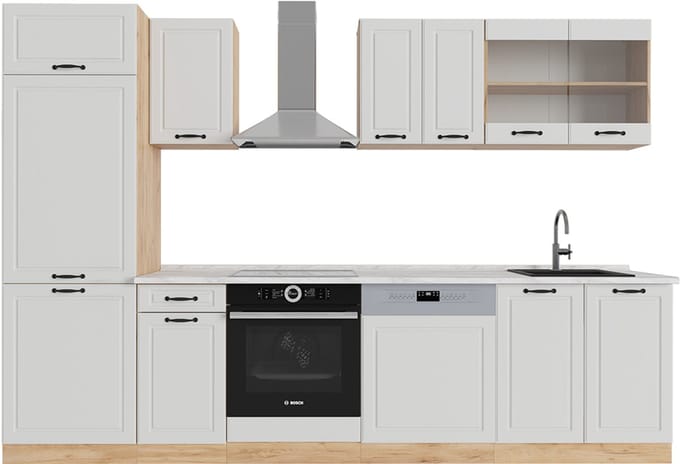 Vicco R-Line Complete keukeneenheid – 300 cm, WB Marmer Wit landhuis/gouden eik