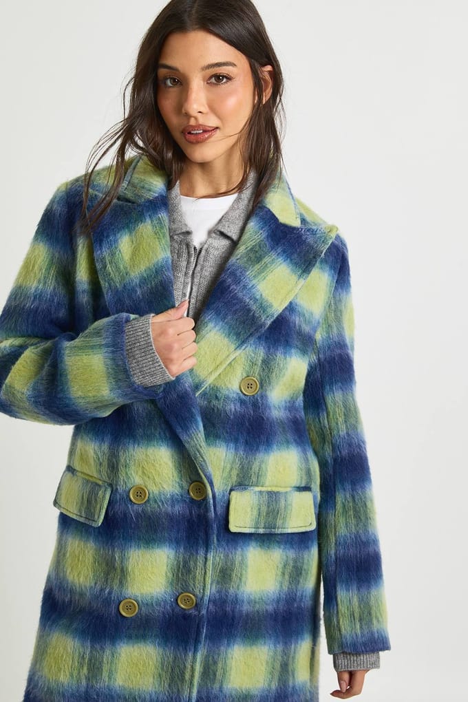 boohoo Dames Check Dubbelgebreide Jas met Wol-look | Blue | Maat: 8