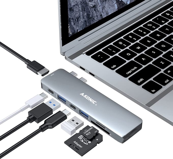 A-KONIC USB-C HUB - 7 in 1 - met / naar HDMI 4K, 2x USB 3.0, 2x USB C (thunderbolt 3, opladen & data Transfer), Micro/SD card reader Hub – USB Splitter - Geschikt voor Apple Macbook Pro / Air- Grey