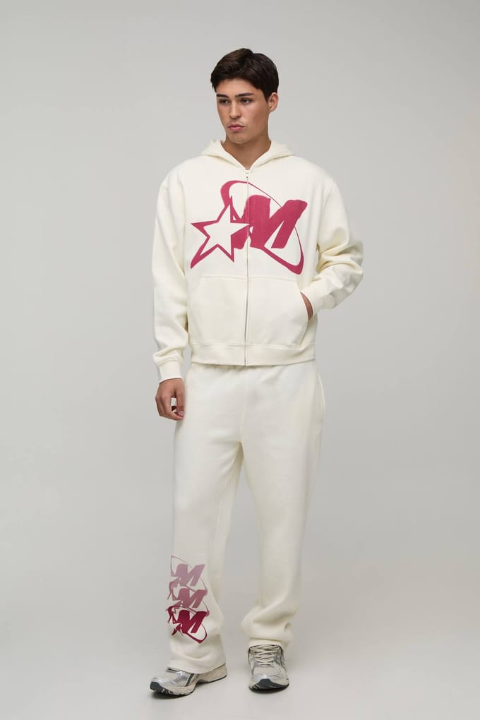 Oversized Boxy Trainingspak Met M-ster Grafische Print En Rits Met Capuchon | Ecru | Size Small