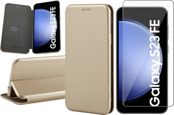 Hoesje geschikt voor Samsung Galaxy S23 FE - Screenprotector Glas - Wallet Book Case Goud