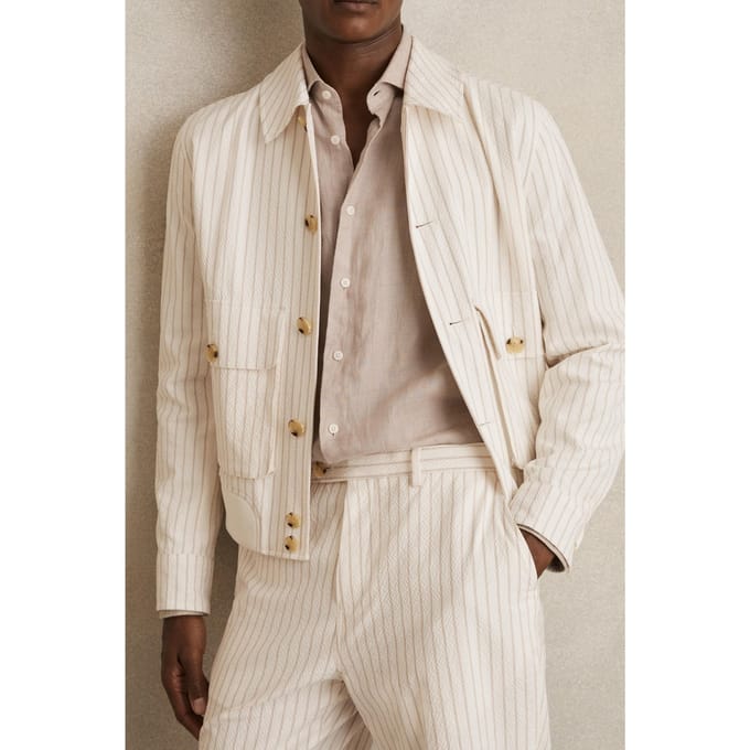 Reiss Ls Stripe Seersucker Harrington Off White/taupe Brown Taglia: M | Bomber Outlet | Uomo | Marrone