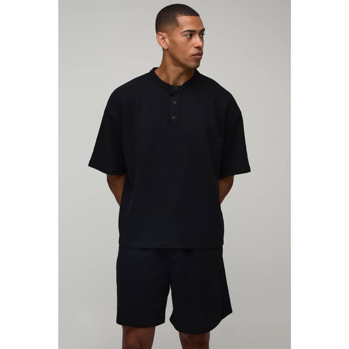 Oversized Boxy Waffle Henley T-Shirt & Baggy Shorts Set | Black | Size Medium