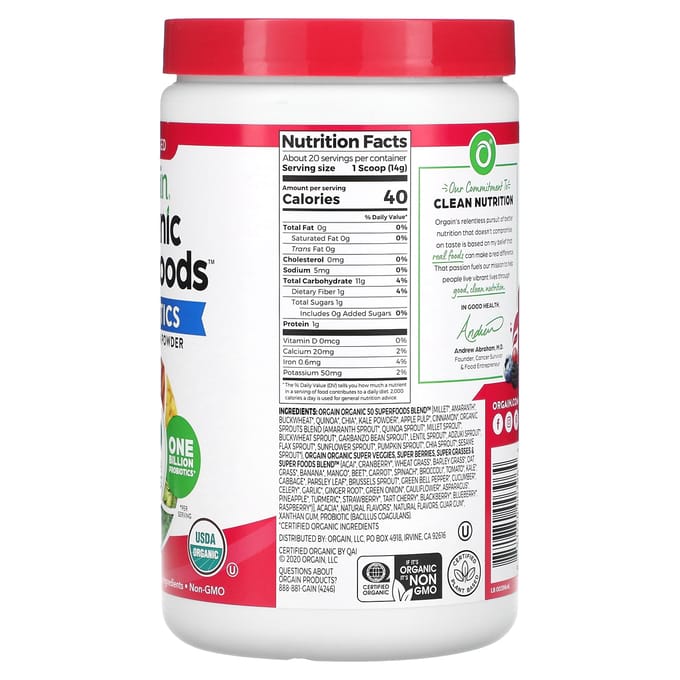 Orgain, Superaliments biologiques + Poudre supernutritive probiotique, saveur baies, 280 g (9,9 oz)