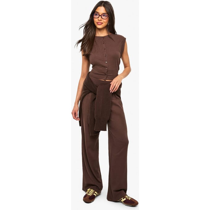 boohoo Dames Rib Wide Leg Trouser | Chocolate | Maat: 14
