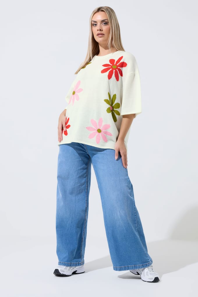 Limited Collection Witte Gebreide Boxy Top Met Bloemenprint Size 42-44