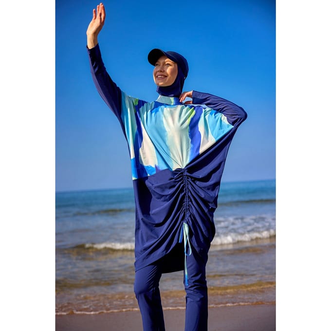 Marineblauwe, bescheiden badmode Burkini-set met volledige dekking