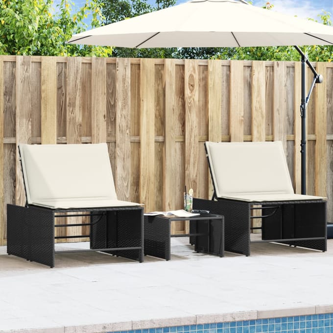 vidaXL - Modulaire - ligbedden - 2 - stuks - met - tafel - zwart - poly - rattan