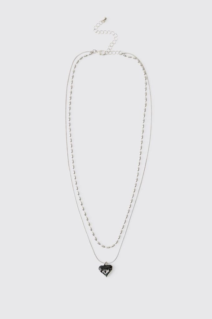Double-Layer Silver Necklace with Black Molten Heart