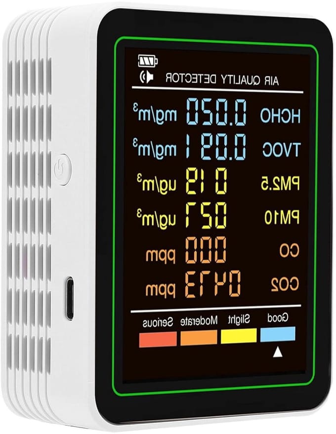 Luchtkwaliteitsmonitor - Luchtkwaliteitsmeter Detector - Binnenmilieu Controleren - 6-in-1 Metingen - 70 x 35 x 90 mm - Wit
