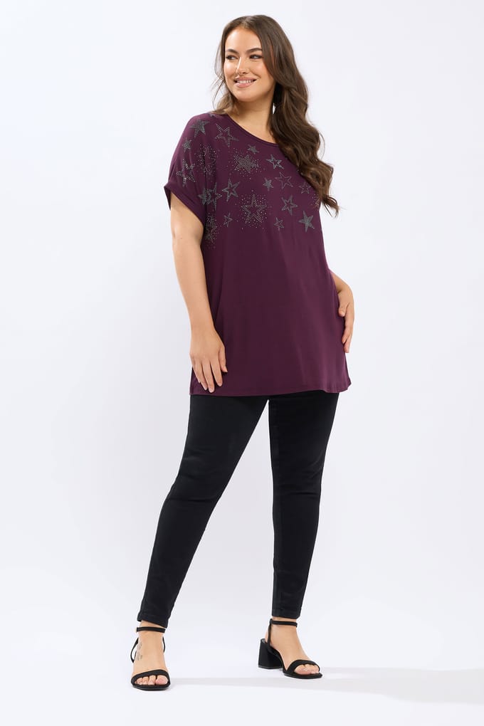 Yours Paars Tshirt Met Sterrenstuds En Versieringen Size 44