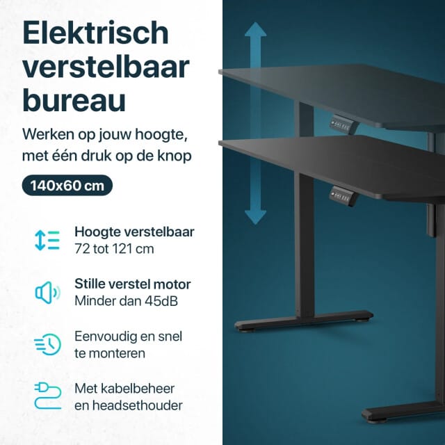 Flowsense Zit Sta Bureau - Verstelbaar Elektrisch Game Bureau - Incl. Headsethouder en Kabelbeheer - 140 x 60 cm - Zwart