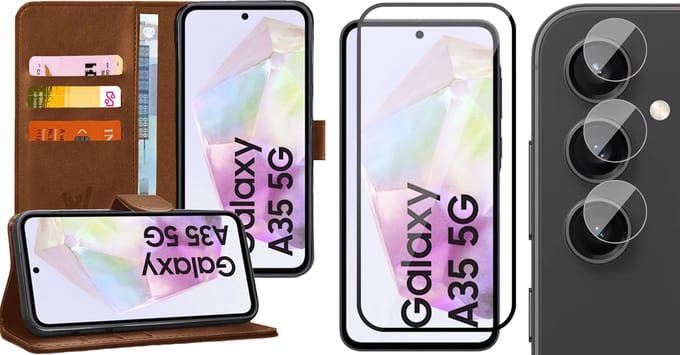 Hoesje geschikt voor Samsung Galaxy A35 - Screenprotector Volledig Dekkend Glas & Camera - Portemonnee Book Case Bruin