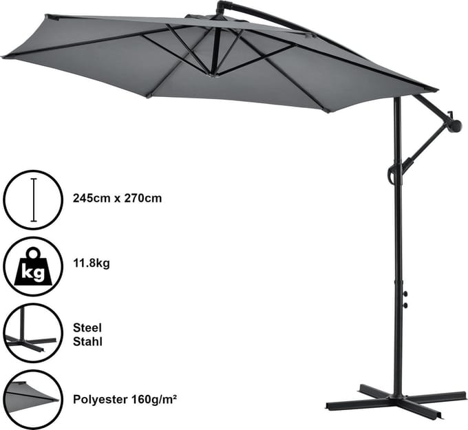 Zweefparasol staal Ø 270x245 cm incl. kruisvoet grijs