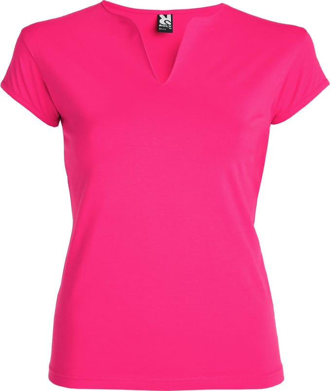 Fuchsia Dames afgeronde V-hals getailleerd t-shirt model Belice maat S