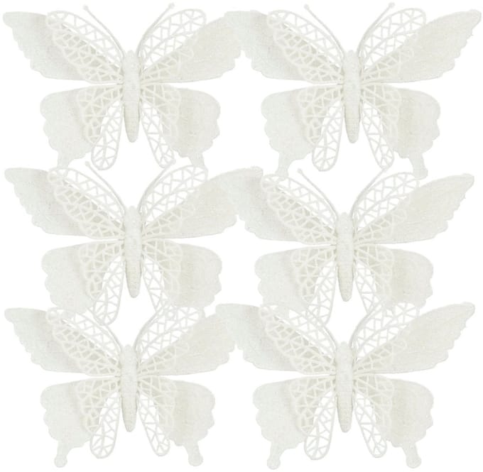 Kerstboomversiering Vlinder - 6x stuks - 16 cm - wit glitter - op clip